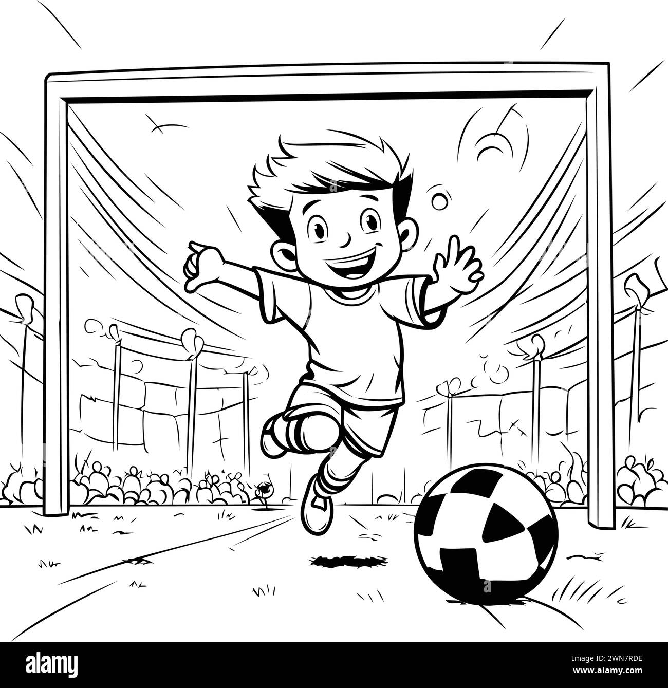 Junge spielt Fußball im Stadion. Vektorillustration für Ihr Design. Stock Vektor