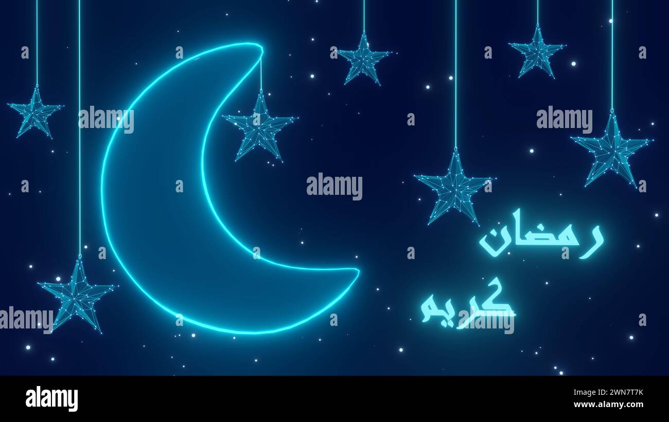 Ramadan Kareem islamischer Hintergrund mit Halbmond und hängenden Neonsternen und leuchtenden Partikeln. Ramadan, Mubarak, iftar, islamisch , Religion, muslimisch Stockfoto