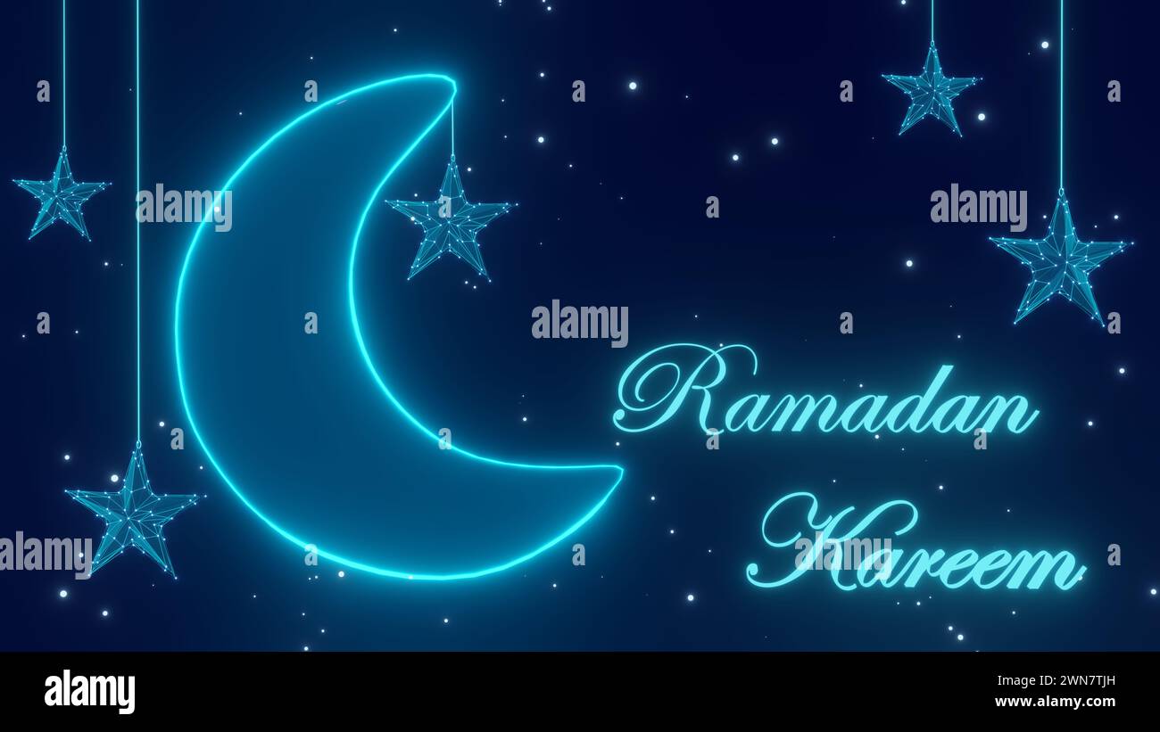 Ramadan Kareem islamischer Hintergrund mit Halbmond und hängenden Neonsternen und leuchtenden Partikeln. Ramadan, Mubarak, iftar, islamisch , Religion, muslimisch Stockfoto