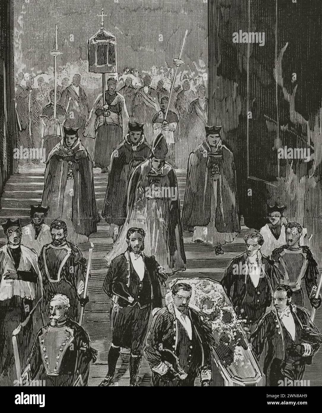 Maria Christina von den beiden Sizilien (1806-1878). Königin von Spanien (1829-1833) und Königin Regentin (1833-1840) während der Minderheit von Isabella II Vierte Ehefrau von König Ferdinand VII Begräbnis von Königin Maria Christina in El Escorial. Abstieg der Leiche zum Royal Pantheon, 30. August 1878. Gravur. La Ilustración Española y Americana (die spanische und amerikanische Illustration), 1878. Stockfoto