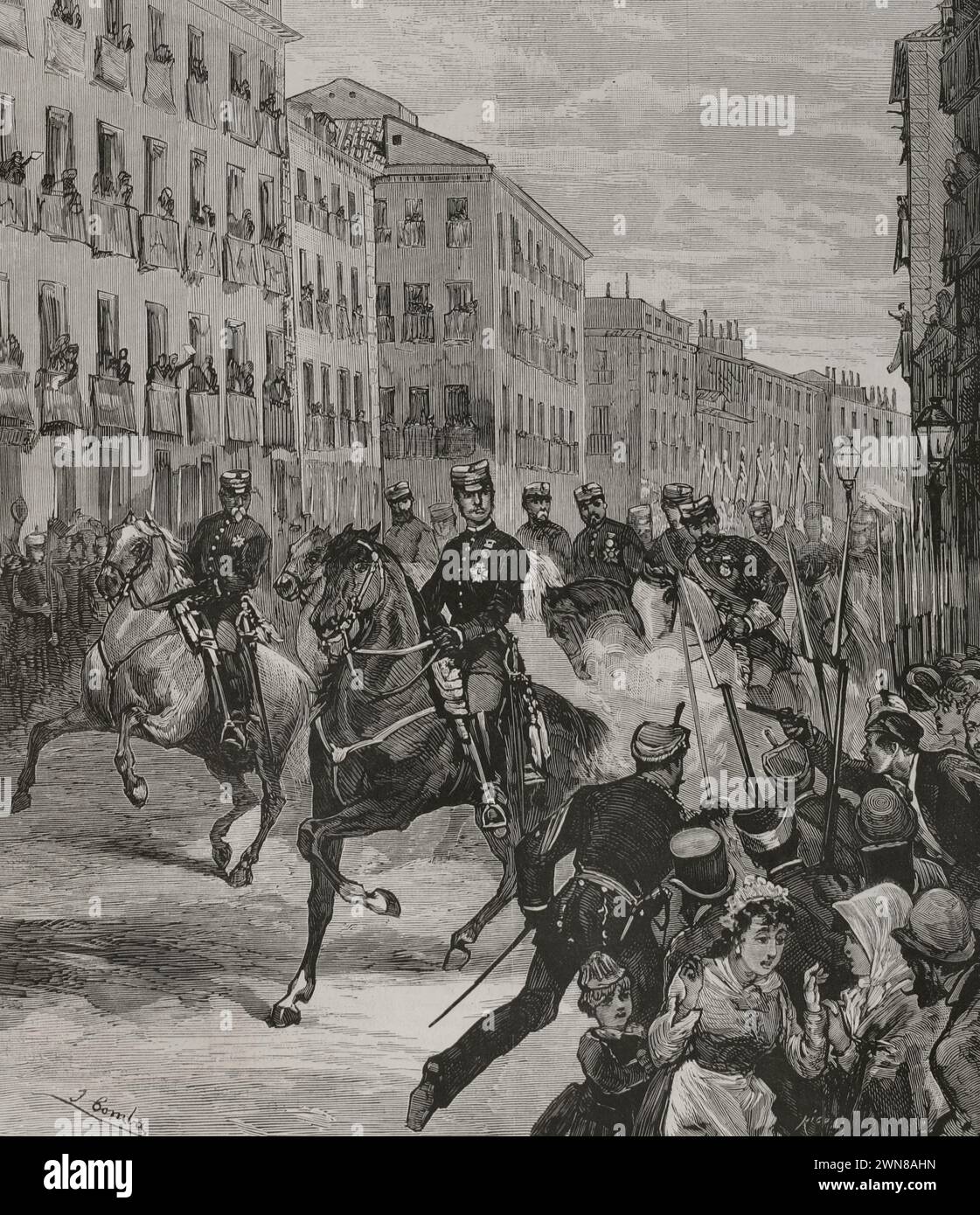 Alfonso XII (1857-1885). König von Spanien (1875-1885). Madrid, 25. Oktober 1878. Erster Anschlag auf Alfonso XII. Juan Oliva Moncusí (1855–1879), ein junger cooper, feuerte einen Pistolenschuss auf den König in der calle Mayor (Hauptstraße) ab, als er durch die Straßen Madrids zog, als er von seiner Reise in den Norden Spaniens zurückkehrte. Der König wurde durch den Angriff unversehrt. Zeichnung von Juan Comba. Gravur von Rico. La Ilustración Española y Americana (die spanische und amerikanische Illustration), 1878. Stockfoto