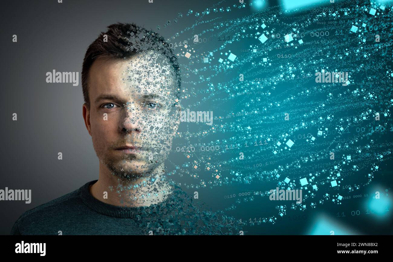 Digitales Transformationskonzept: Der Mensch löst sich in Datenpartikel auf Stockfoto