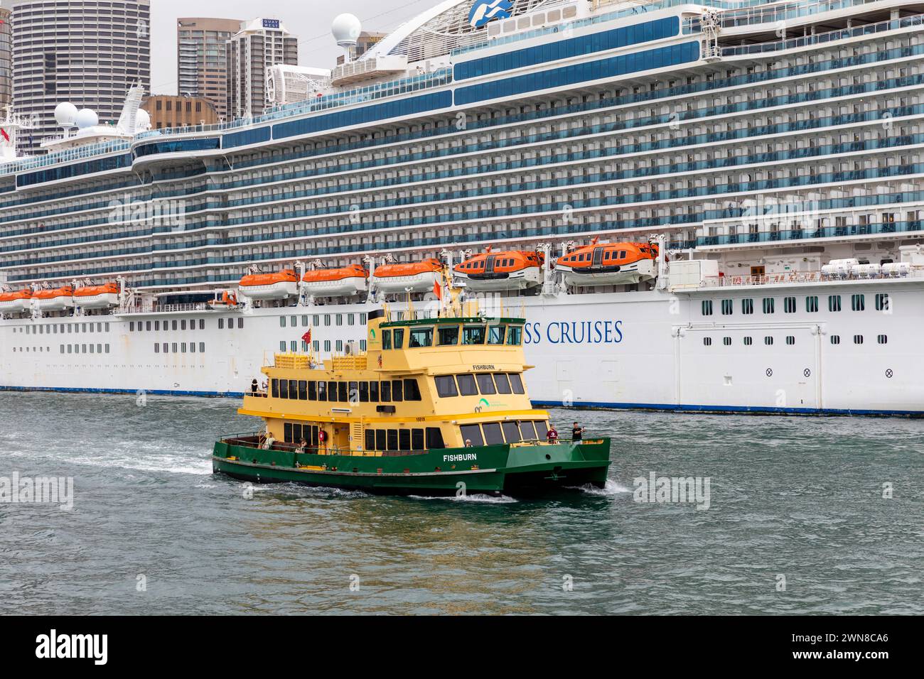 Das Kreuzfahrtschiff Majestic Princess liegt am kreisförmigen Kai von Sydney mit der Fähre MV Fishburn in Sydney, vorbei an New South Wales, Australien, 2024 Stockfoto
