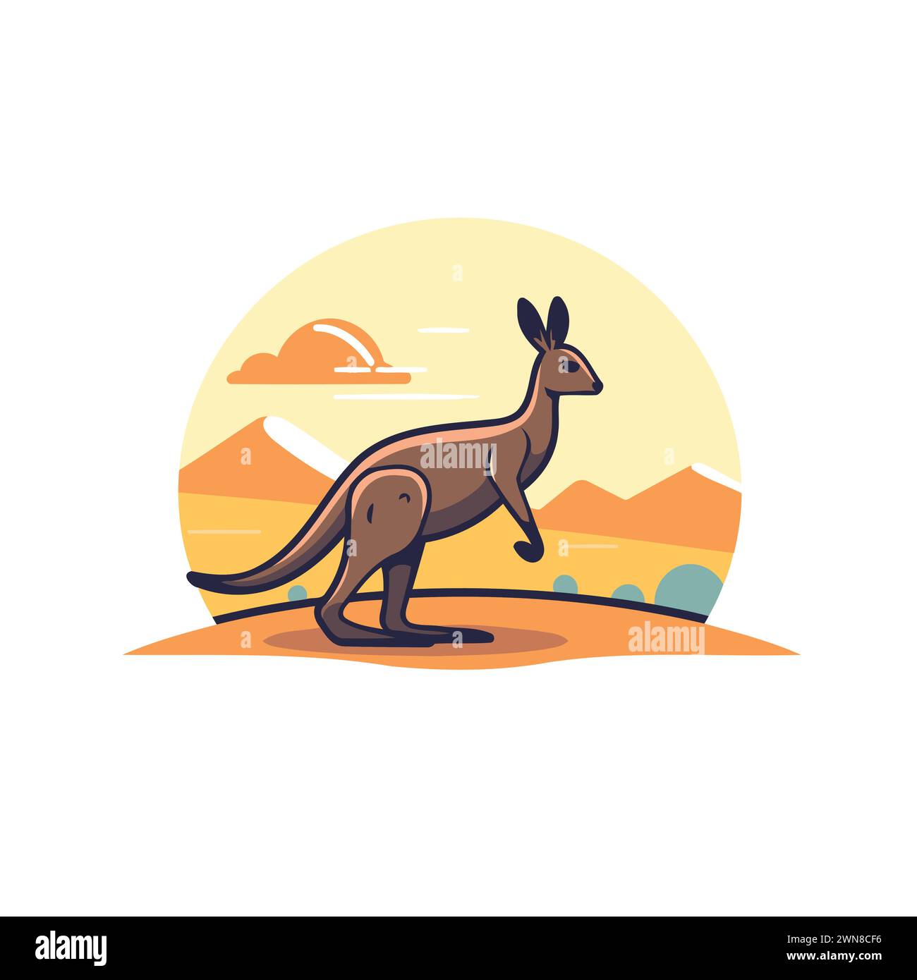 Flaches Känguru-Symbol. Vektorillustration des Kängurus auf dem Hintergrund des Sonnenuntergangs. Stock Vektor