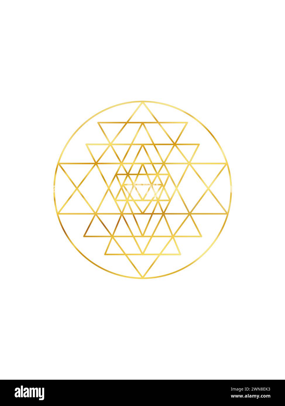 Sri-yantra-Goldsymbol isoliert auf weißem Hintergrund. Goldenes Symbol der heiligen Geometrie. Stockfoto