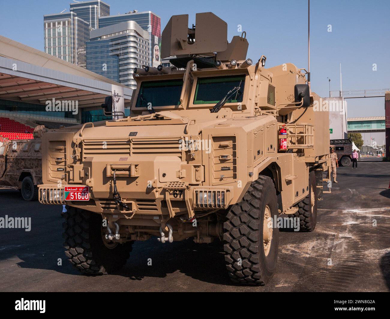 Abu Dhabi, VAE - 25. Februar 2015: South African Denel RG31 Agrab 120-mm-Mörserträger auf der IDEX 2015 Stockfoto