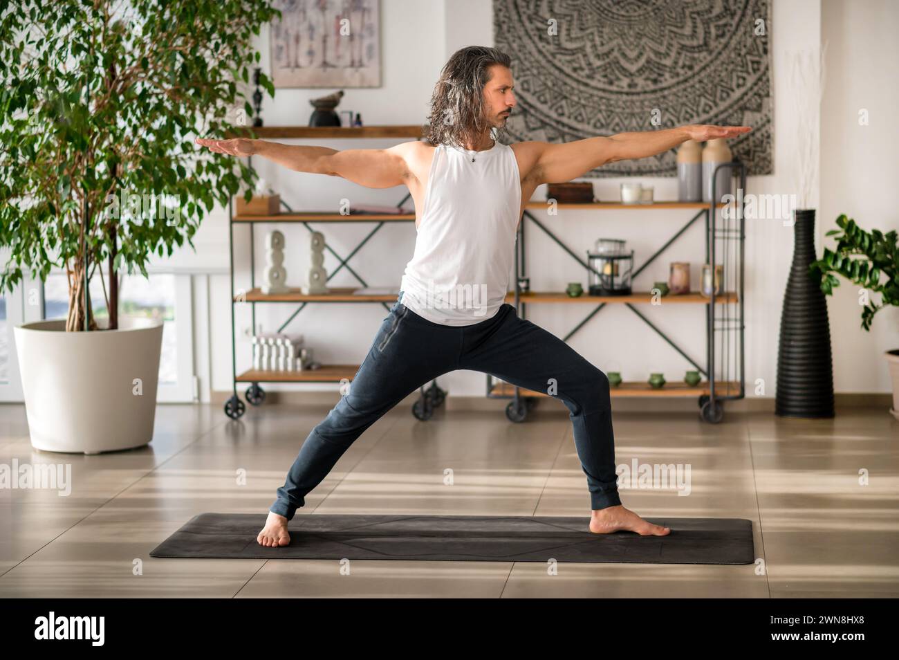 Starker barfüßiger Kerl in Aktivkleidung, der Virabhadrasana während des Yoga-Workouts auf der Matte in einem modernen, mit Topfpflanzen und Töpfen dekorierten Fitnessstudio spielt Stockfoto