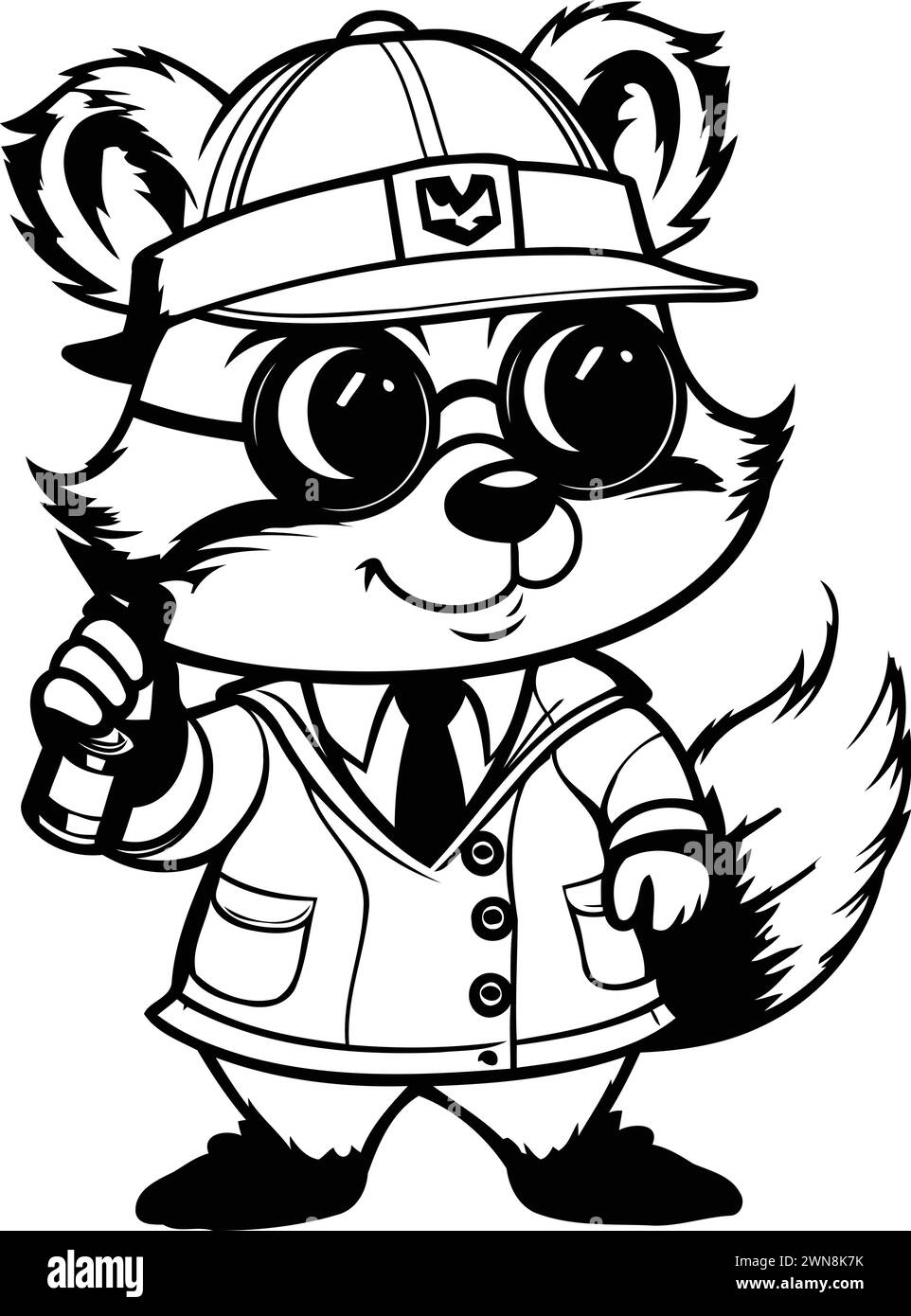 Schwarz-weiß-Zeichentrick-Illustration der Figur des Eichhörnchen Polizist Maskottchen Stock Vektor