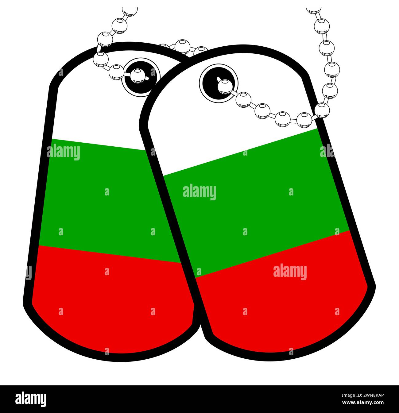 Ein Paar bulgarischer Militärhundetiketten mit Kette auf weißem Hintergrund, die die Farben der bulgarischen Nationalflagge zeigen Stockfoto