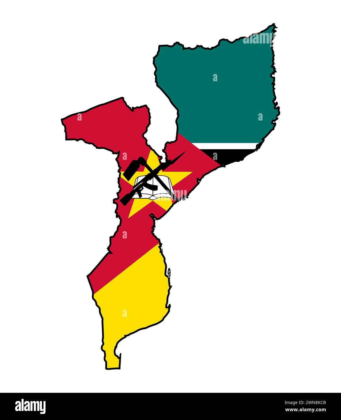 Mosambikische schwarze Umrisskarte mit den Farben und dem Symbol der Nationalflagge auf weißem Hintergrund Stockfoto