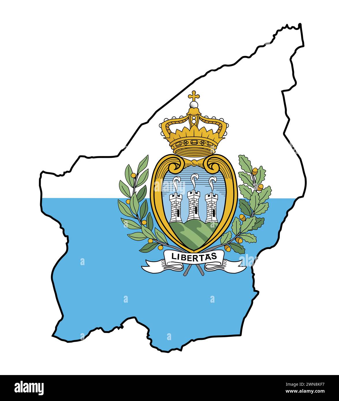 Schwarze Umrisskarte von San Marino mit eingefasster Flagge auf weißem Hintergrund Stockfoto