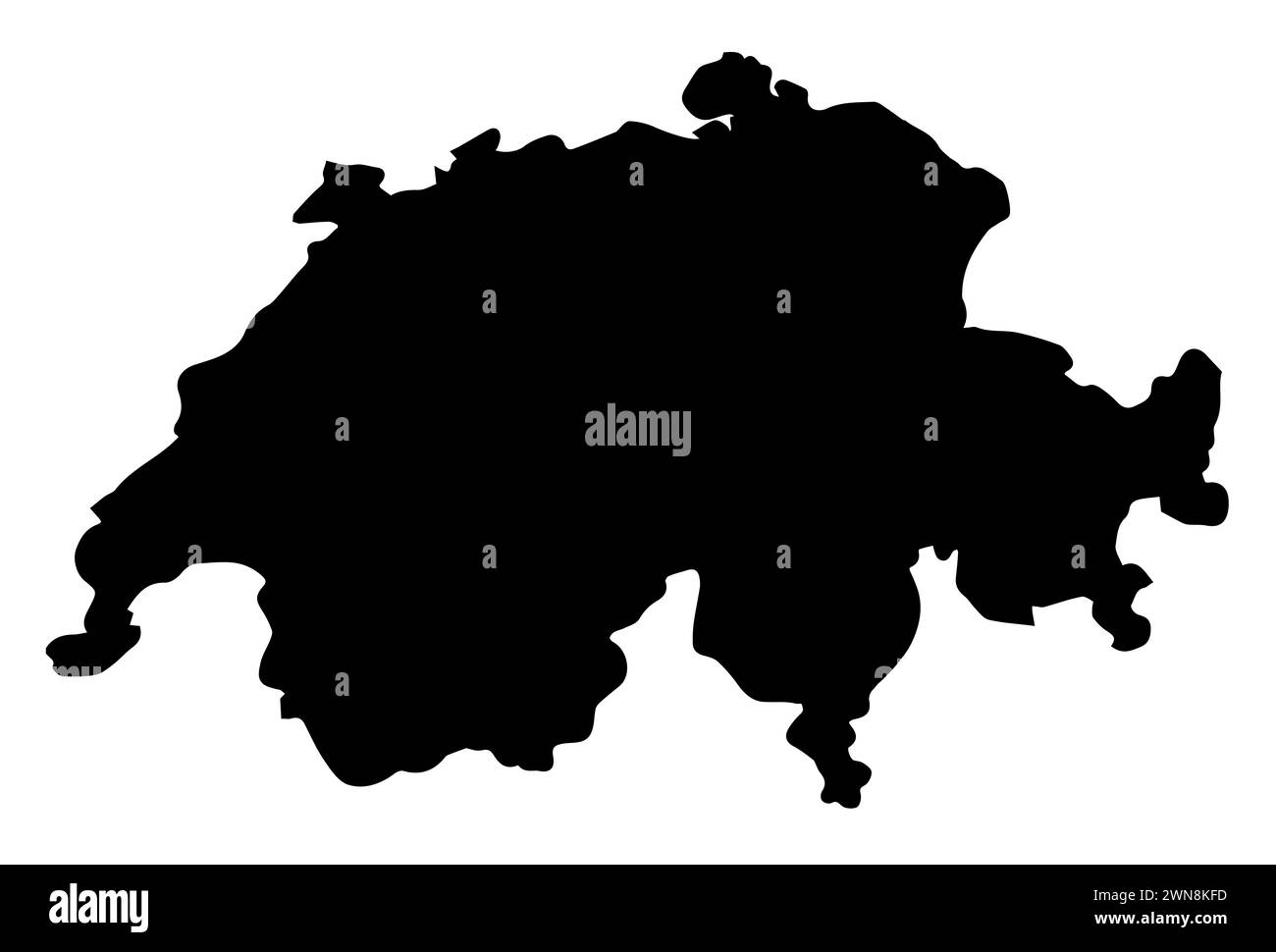Umrandung der schwarzen Silhouettenkarte der Schweiz auf weißem Hintergrund Stockfoto