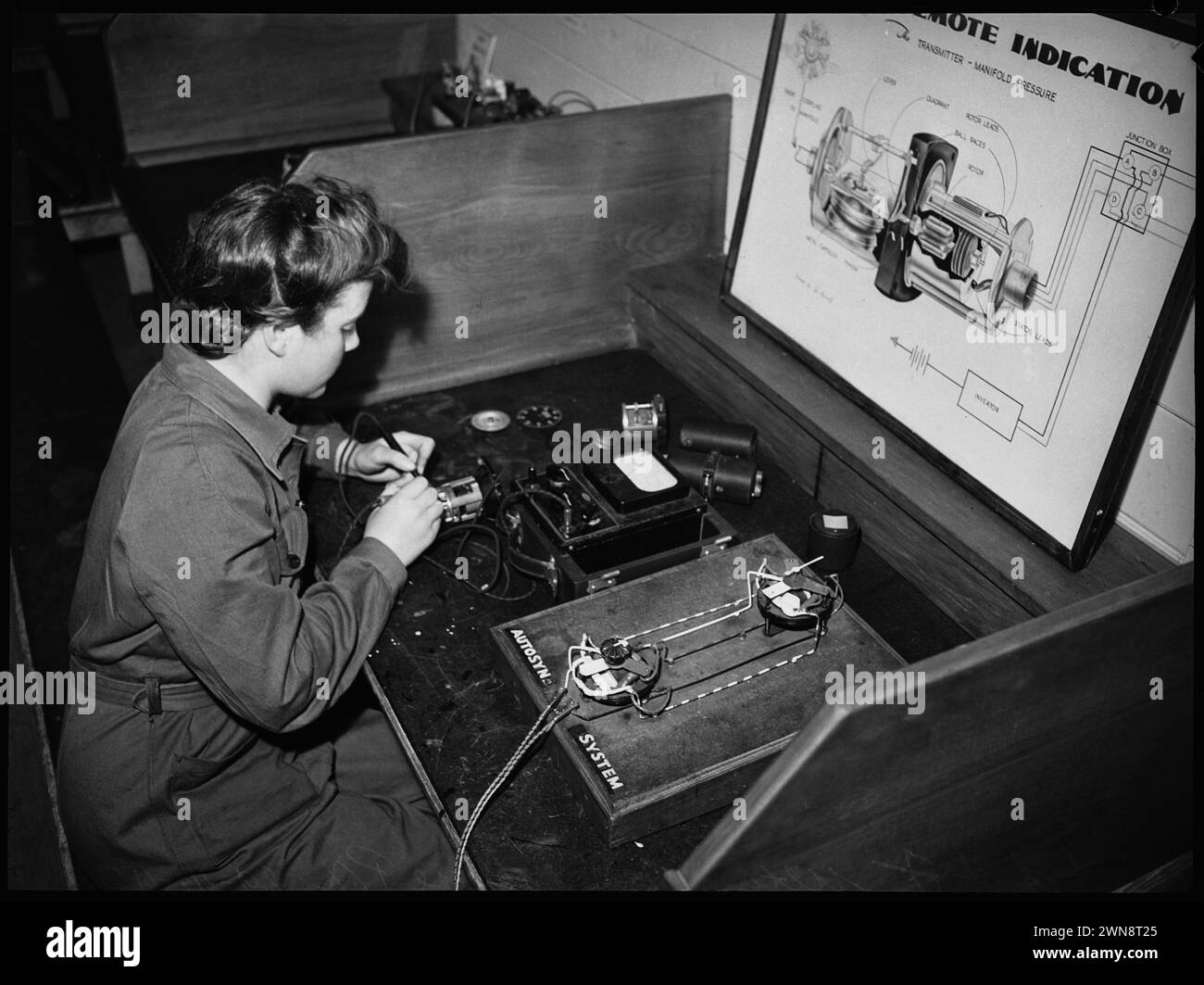 Vintage-Fotografien von Frauen, die im Zweiten Weltkrieg in Werkstätten ausgebildet wurden, als Teil des wichtigen Beitrags der Frauen zu den Kriegsbemühungen. Kurs zum Lesen und Anpassen von Instrumenten für W.A.A.F.s bei Ultimo Tech, 29. Oktober 1943 Stockfoto