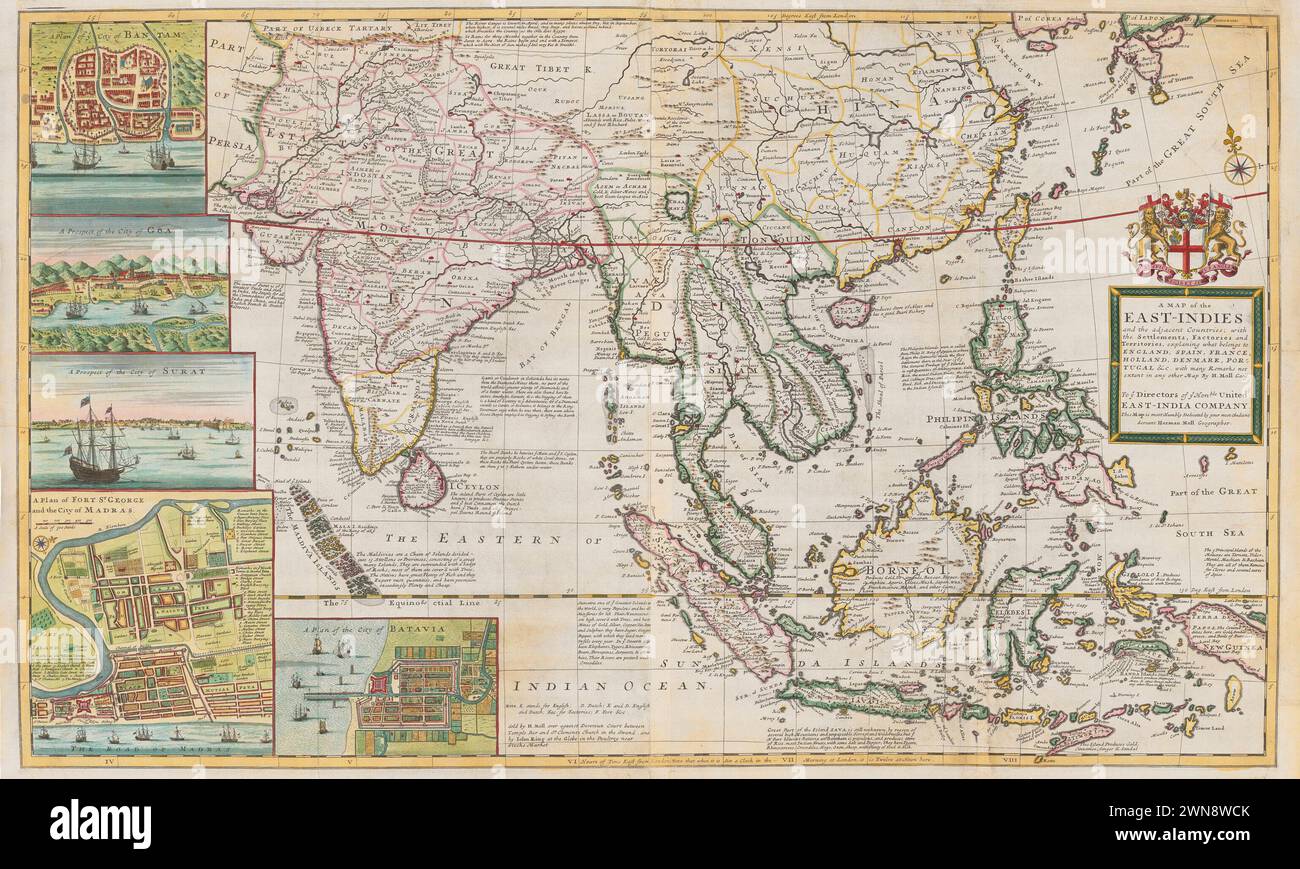 Vintage Map of the East Indies von Herman Moll. 1720. Mit Colonial Holding aus Dänemark, England, Frankreich, Holland, Portugal, Spanien, . Mit eingebautem Stadtplan Stockfoto