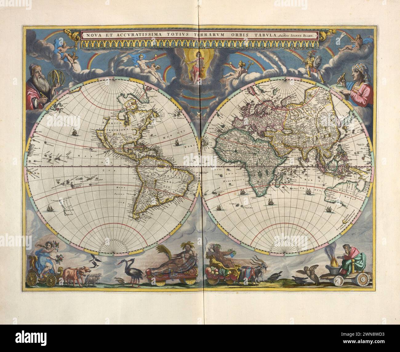 Vintage Illustrated Map of World von Jean Blaeu 1667. Zeigt zwei Halbkugeln mit Randmotiven von Eingeborenen, Kartographen und Cherubs. Stockfoto