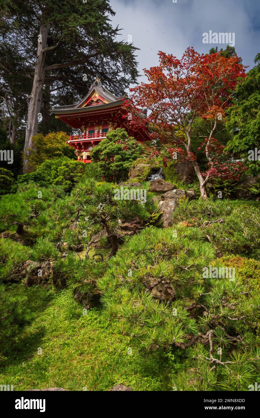 Üppige Vegetation und farbenfrohe Architektur des Japanischen Teegartens im Golden Gate Park, San Francisco, Kalifornien. Stockfoto