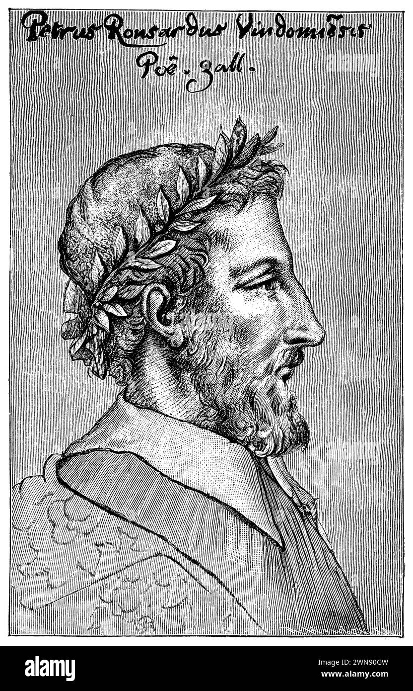 Pierre de Ronsard (1524–1585), französischer Autor, nach einer Bleistiftzeichnung aus dem 16. Jahrhundert, Fotografie von Braun, Clement u. Cie. In Paris. Das Original gehörte früher dem Dichter Prosper Blanchemain, dann seinem Sohn Paul Blanchemain in Castel-Biray., (Literaturhistorisches Buch, 1900), Pierre de Ronsard (1524–1585), französischer Autor, nach einer Bleistiftzeichnung des 16. Jahrhundert, Fotografie von Braun, Clement u. Cie. In Paris. Das Original war ehemals im Besitz des Dichters Prosper Blanchemain, anschließend von dessen Sohn Paul Blanchemain in Castel-Biray, Pierre de Ronsard (1524-158) Stockfoto