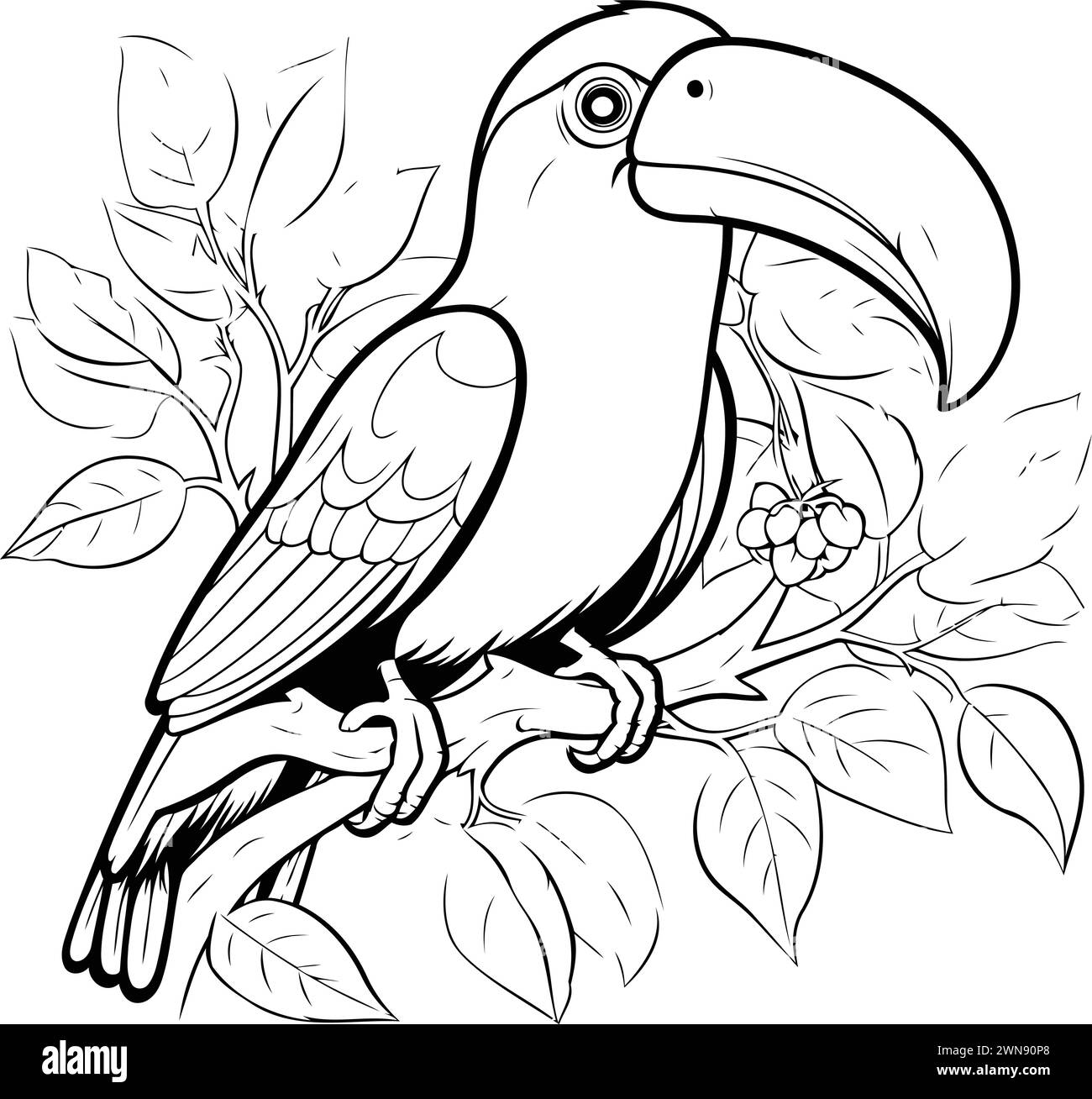 Tropischer Vogel, der auf einem Ast sitzt. Malbuch für Erwachsene. Stock Vektor