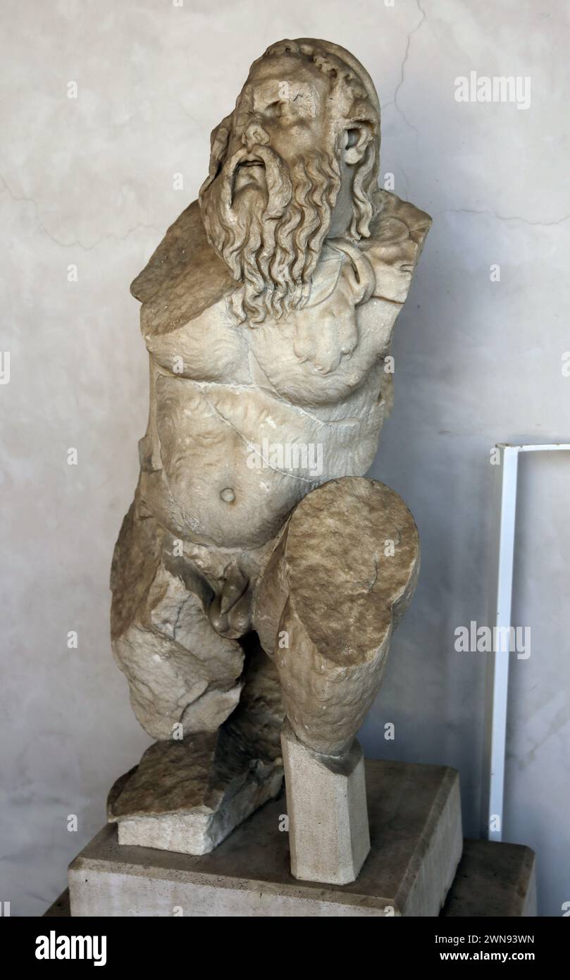 Telamon (Eine Figur eines Mannes, der als Stützpfeiler dient) stellt Silenus auf seinen Knien dar. 1. - 2. Jahrhundert n. Chr. Aus den Bädern von Caracalla, National Stockfoto