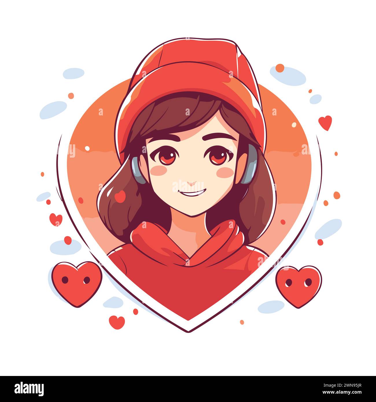 Mädchen in rotem Mantel und Kopfhörern in Form eines Herzens. Vektorabbildung. Stock Vektor