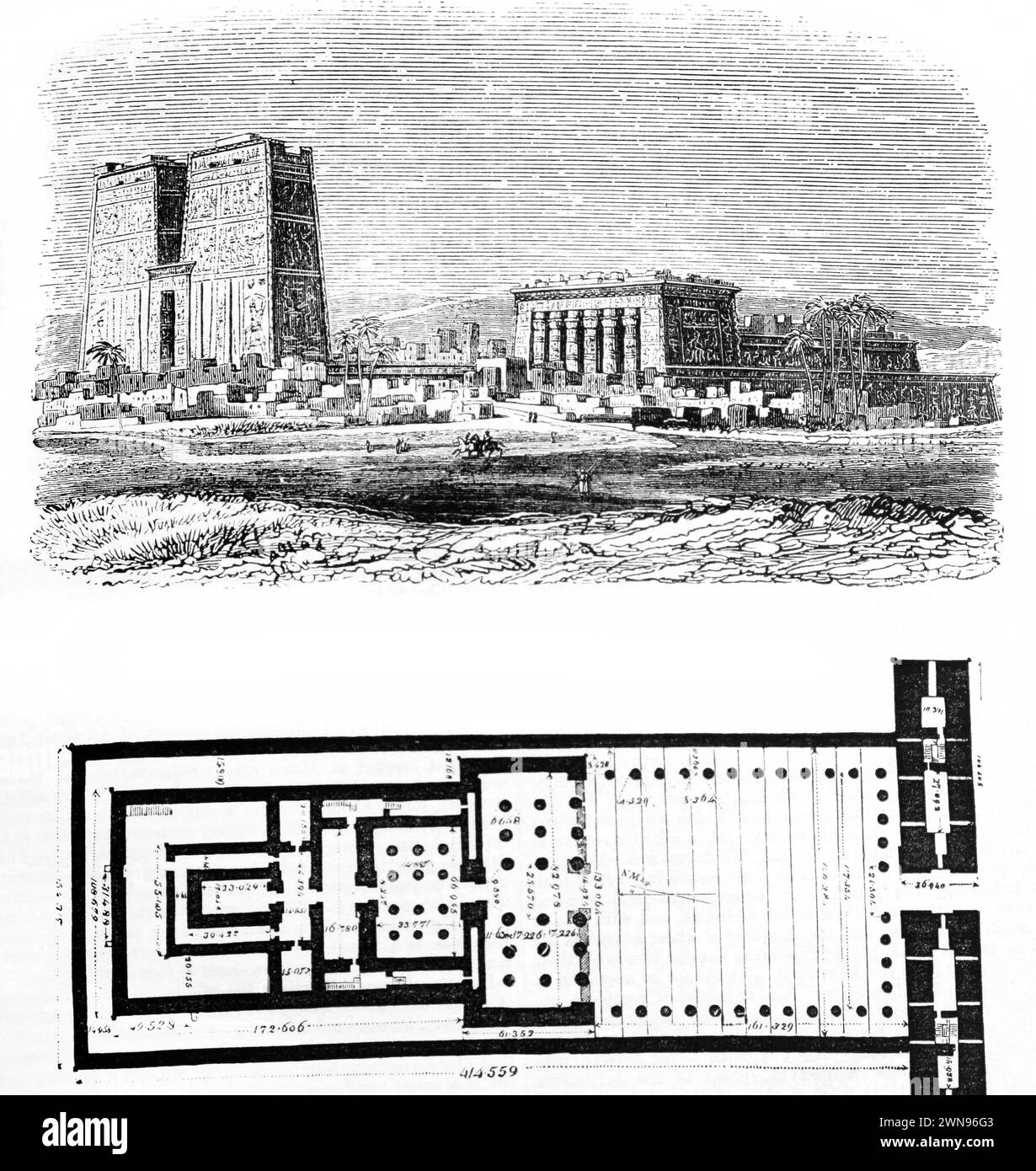 Illustration der allgemeinen Ansicht des Großen Tempels von Edfu wie in der Bibel. Times and the Ground Plan of the Temple in Antique Illustrat aus dem 19. Jahrhundert Stockfoto