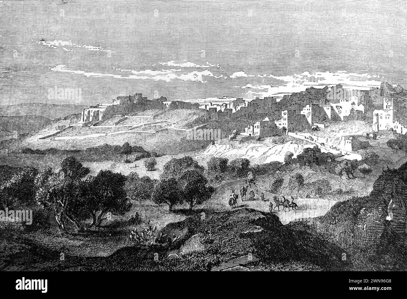 Illustration der Stadt Bethlehem, wo David sich in der antiken Familienbibel des 19. Jahrhunderts befand Stockfoto