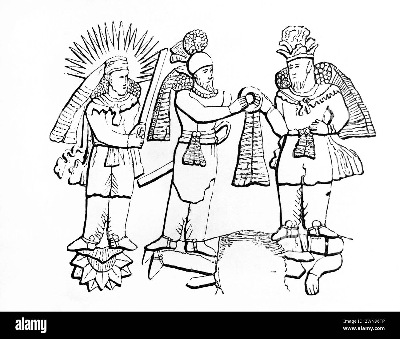 Abbildung der Krönung von König Ardashir II. (Mitte), der das Diadem von Shapur II. (Rechts) empfängt, mit Mithra auf der linken Seite, die auf dem gefallenen Rom steht Stockfoto