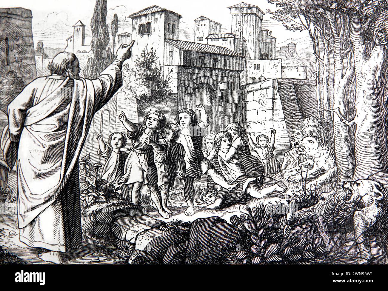Illustration des Propheten Elischa, der in die Stadt Bethel ging, als er auf junge Männer traf, die ihn verhöhnten, weil er Glatze sei Stockfoto