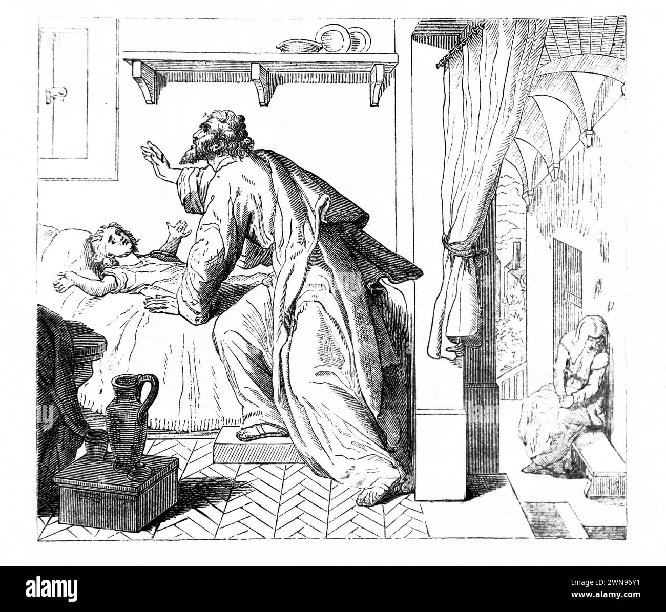 Illustration des Propheten Elia, der zum Herrn betet und die Witwe von Zarepfads Sohn aus dem 19. Jahrhundert erzieht, illustrierte Familienbibel Stockfoto