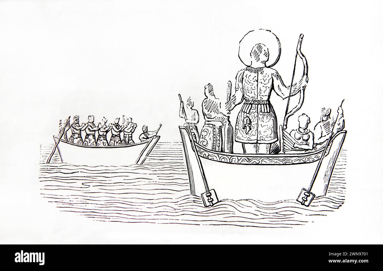 Illustration des Sassaniden-Königs Chosrow II. Im Boot mit seinem wiederkehrenden Bogen, der aus der Wildschweinjagd-Szene aus dem Bas-Relief in Taq-e Bostan im Iran-Wald stammt Stockfoto