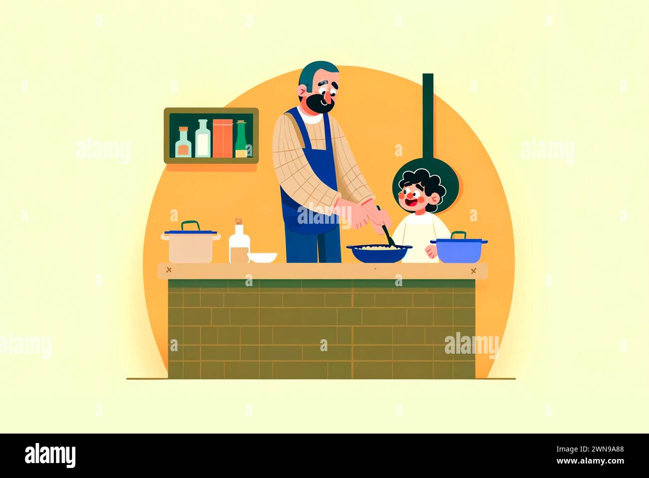 Eine bezaubernde Illustration eines Vaters, der seinem Kind das Kochen beibringt, was die Freude an der kulinarischen Kunst fördert. Stockfoto
