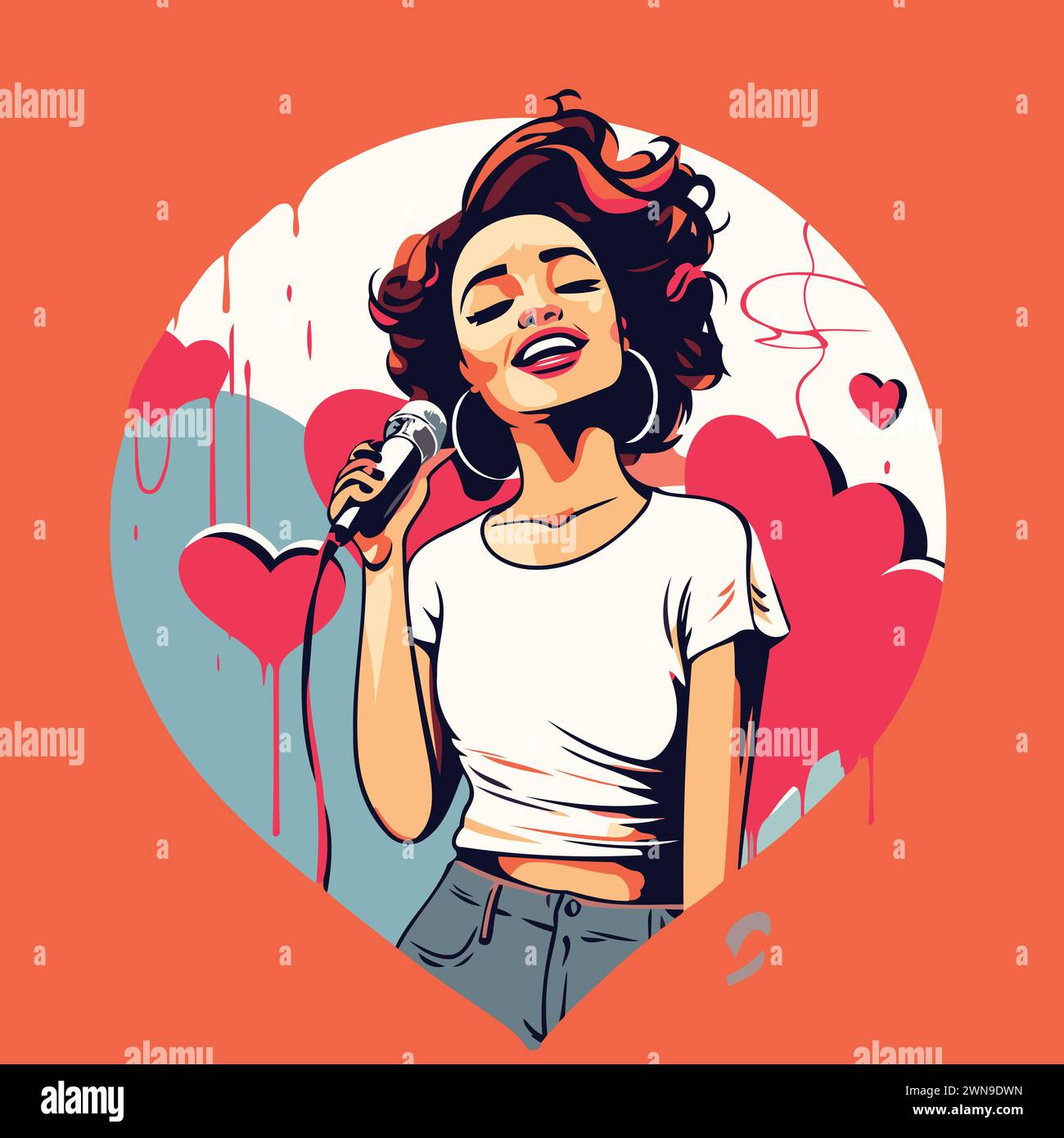 Pop Art Frau singt Karaoke in Herzform. Vektorabbildung Stock Vektor