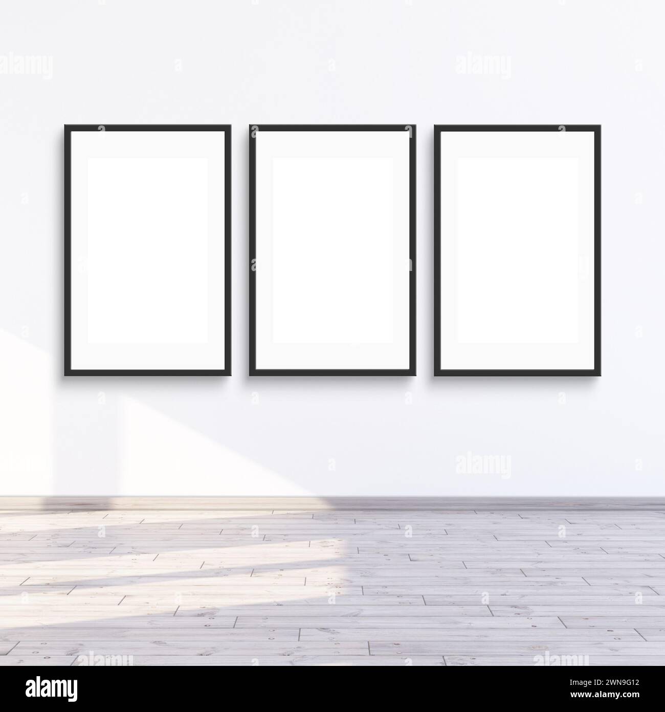 3-Rahmen-Mock-up hängt an einer weißen Wand mit Sonnenlicht, 3-D-Rendering-Illustration. Stockfoto