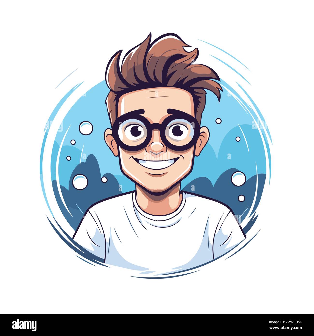 Vektorillustration eines jungen Mannes mit Brille und nassem Haar. Zeichentrickstil. Stock Vektor