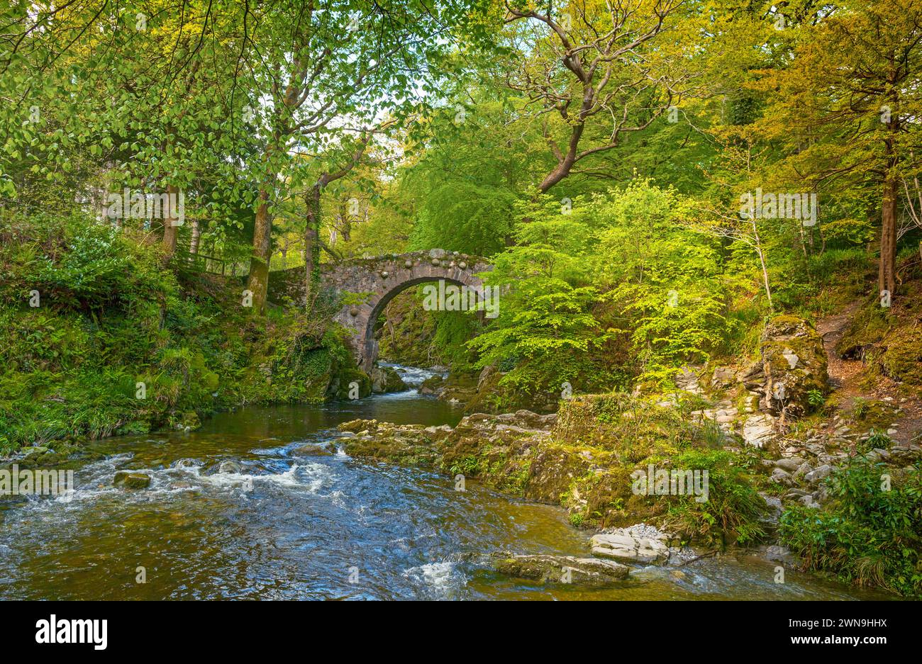 Foley's Bridge überquert den Shimna River im Tollymore Forest Park im County Down, Nordirland Stockfoto