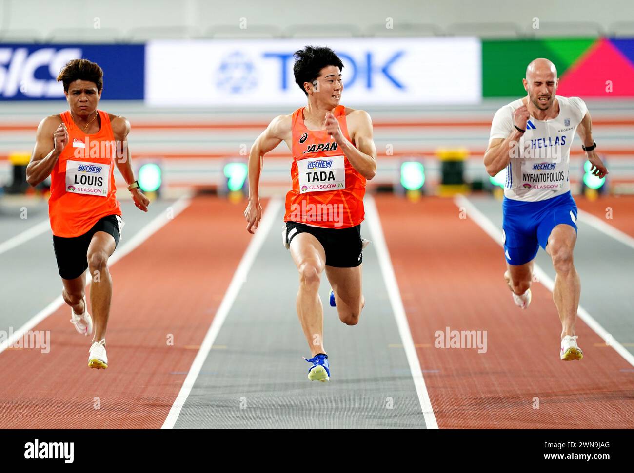 Japans Shuhei Tada (Mitte) in der Hitze 4 der 60 Meter langen Männer während des ersten Tages der Leichtathletik-Weltmeisterschaft in der Emirates Arena, Glasgow. Bilddatum: Freitag, 1. März 2024. Stockfoto