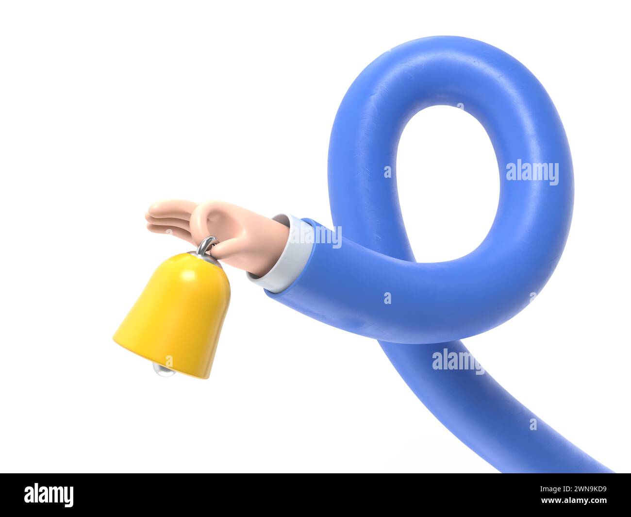 Cartoon Gesture Symbol Mockup.Cartoon Hand hält Glocke.3D Rendering auf weißem Hintergrund.Long Arms Konzept. Stockfoto