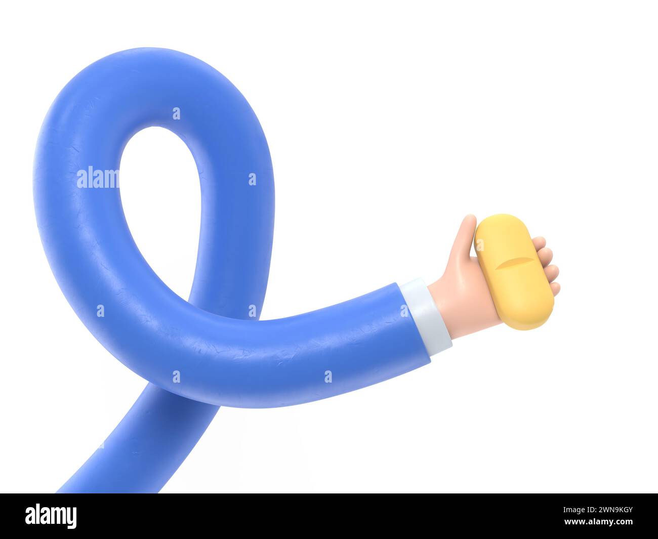 3D-Rendering. Doktor oder Apotheker Cartoon Hand hält große blaue Pille. Medizinisches Symbol, Healthcare Illustration. Pharmazeutischer Clip Art. 3D-Rendering auf weiß Stockfoto