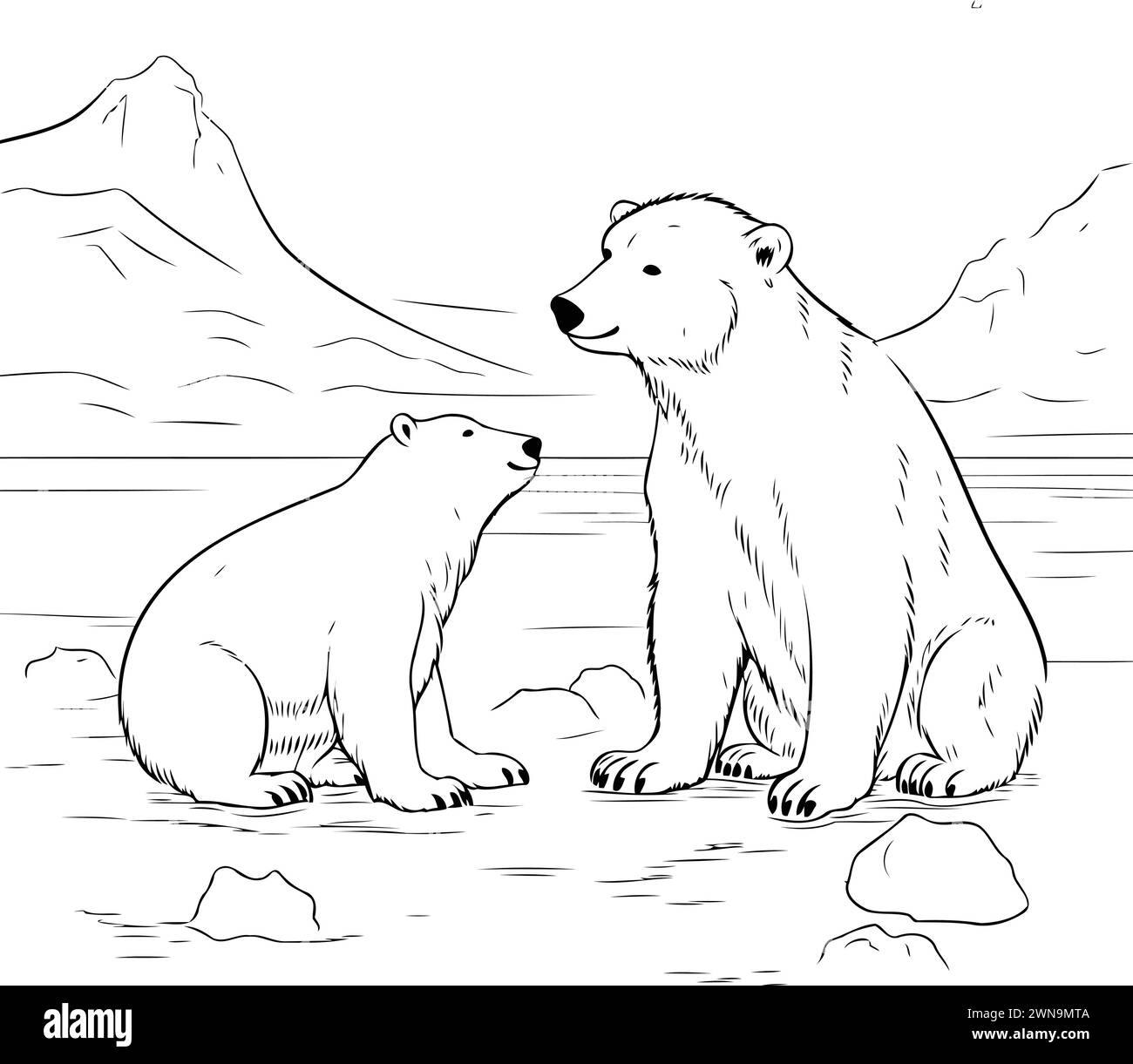 Eisbär und Jungtier auf dem Eis. Schwarz-weiße Vektor-Illustration. Stock Vektor