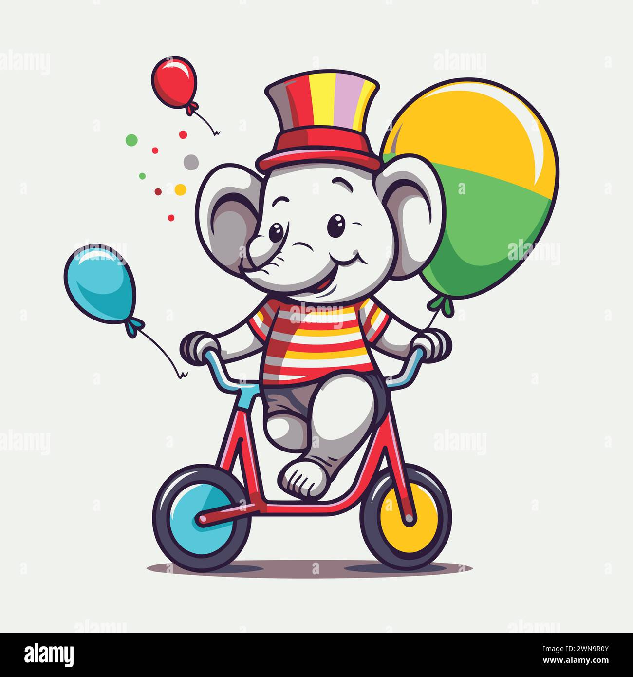 Der süße Elefant fährt mit Ballons auf dem Fahrrad. Vektor-Illustration im Cartoon-Stil. Stock Vektor