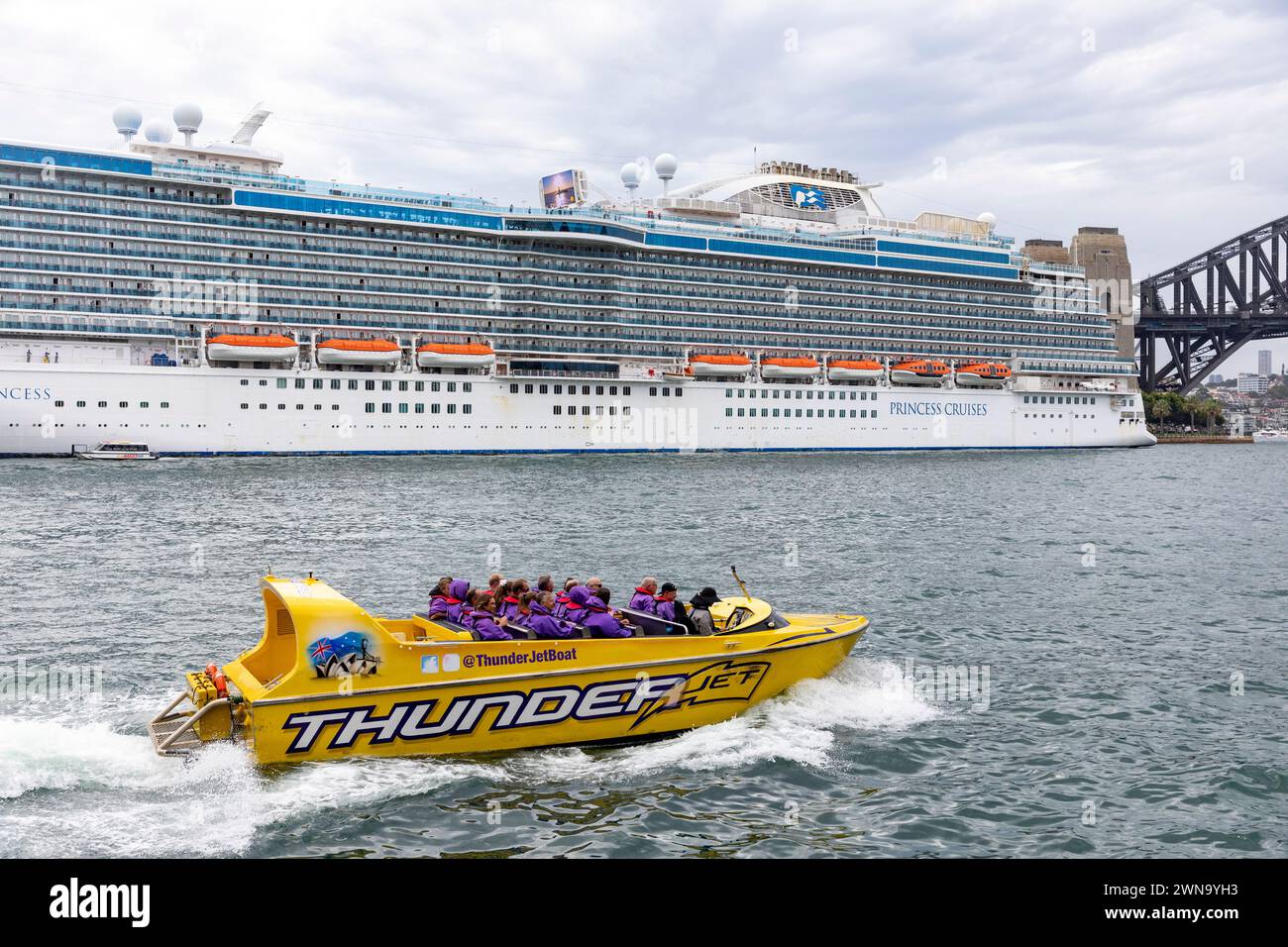 Sydney Australien, die Kunden beginnen eine Fahrt mit dem Jetboot um den Hafen von Sydney, vorbei an dem Kreuzfahrtschiff Majestic Princess, das im Circular Quay 2024 vor Anker liegt Stockfoto