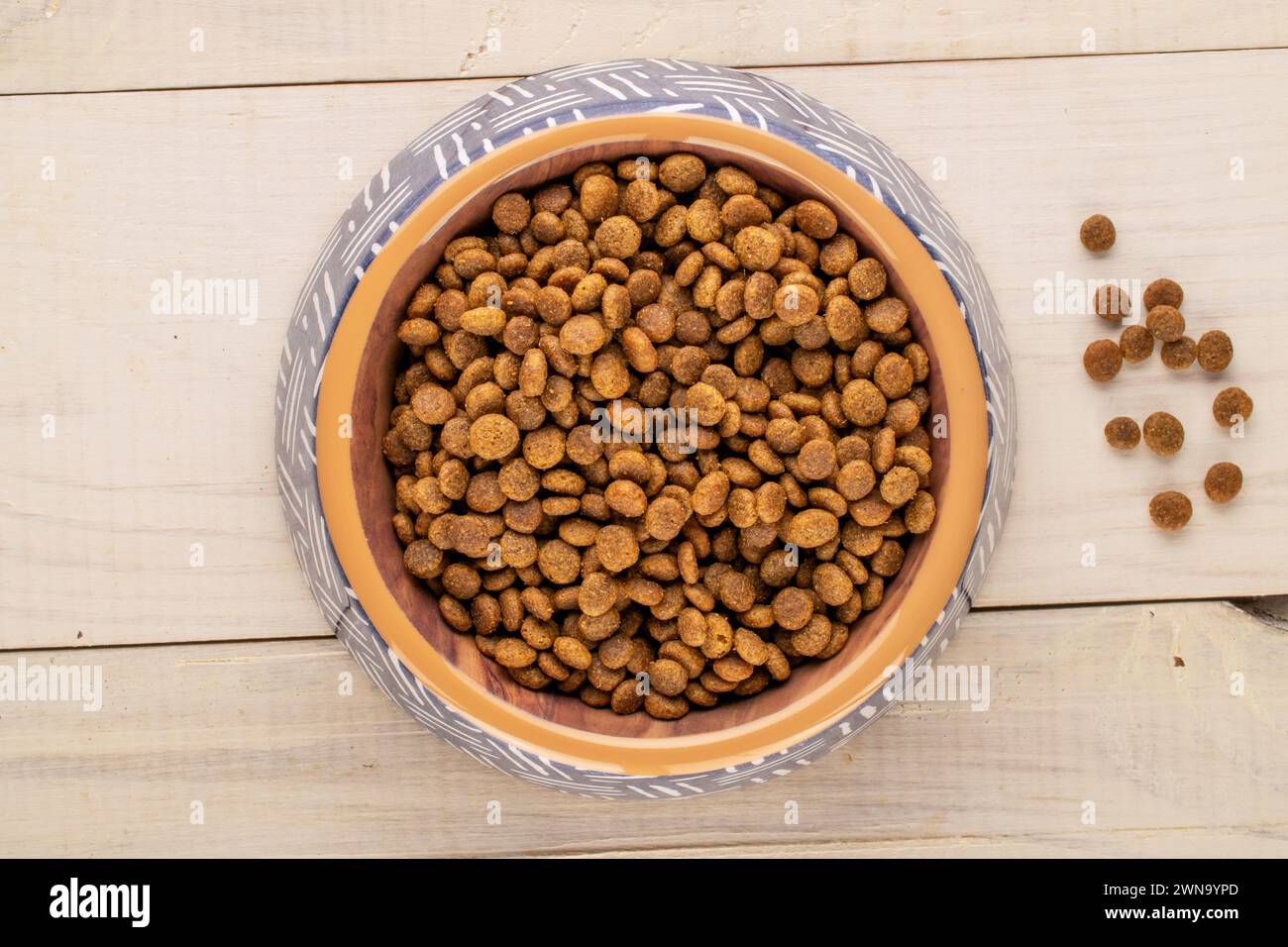 Hundefutter auf einem Teller auf einem Holztisch, Makro, Draufsicht. Stockfoto