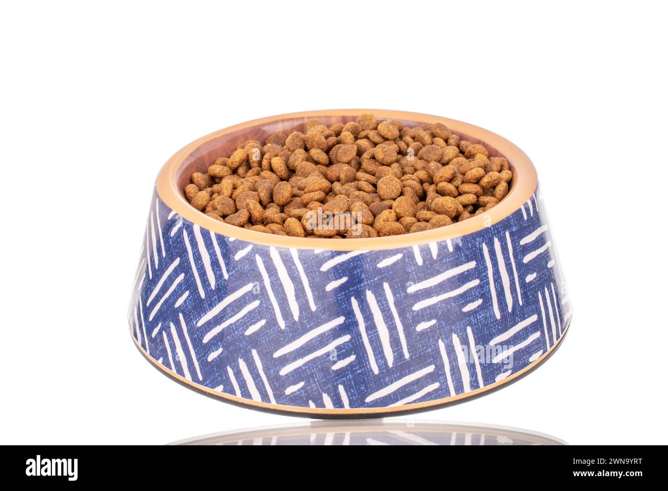 Trockenfutter auf einem Teller, Makro, isoliert auf weißem Hintergrund. Stockfoto