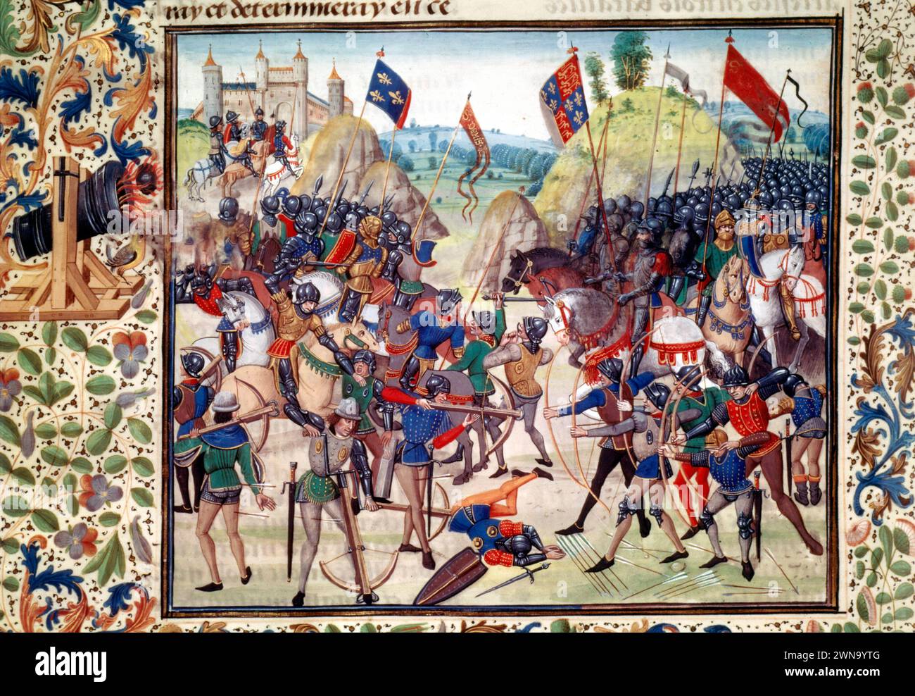 Schlacht von Crecy 1346 zwischen den Truppen von König Philipp VI. Von Valois von Frankreich und König Eduard III. Von England – in „Grandes Chroniques de France“ von Jean Fouquet (ca. 1467–1476). BN Paris Stockfoto