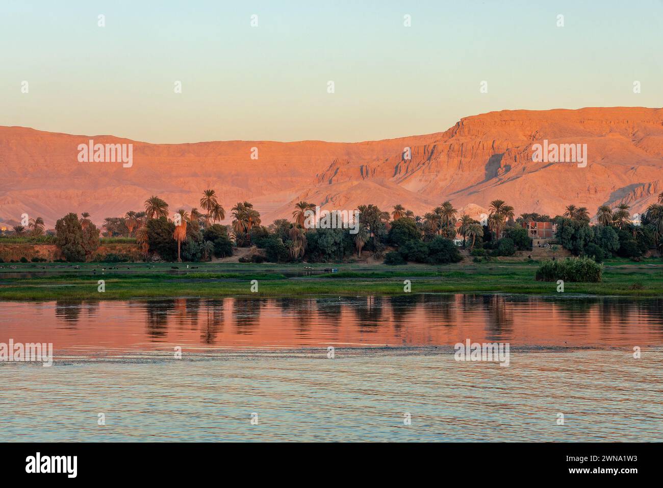 Bergwelt mit Palmen am Nilufer, Wasserspiegelungen bei Sonnenuntergang, Ägypten Stockfoto