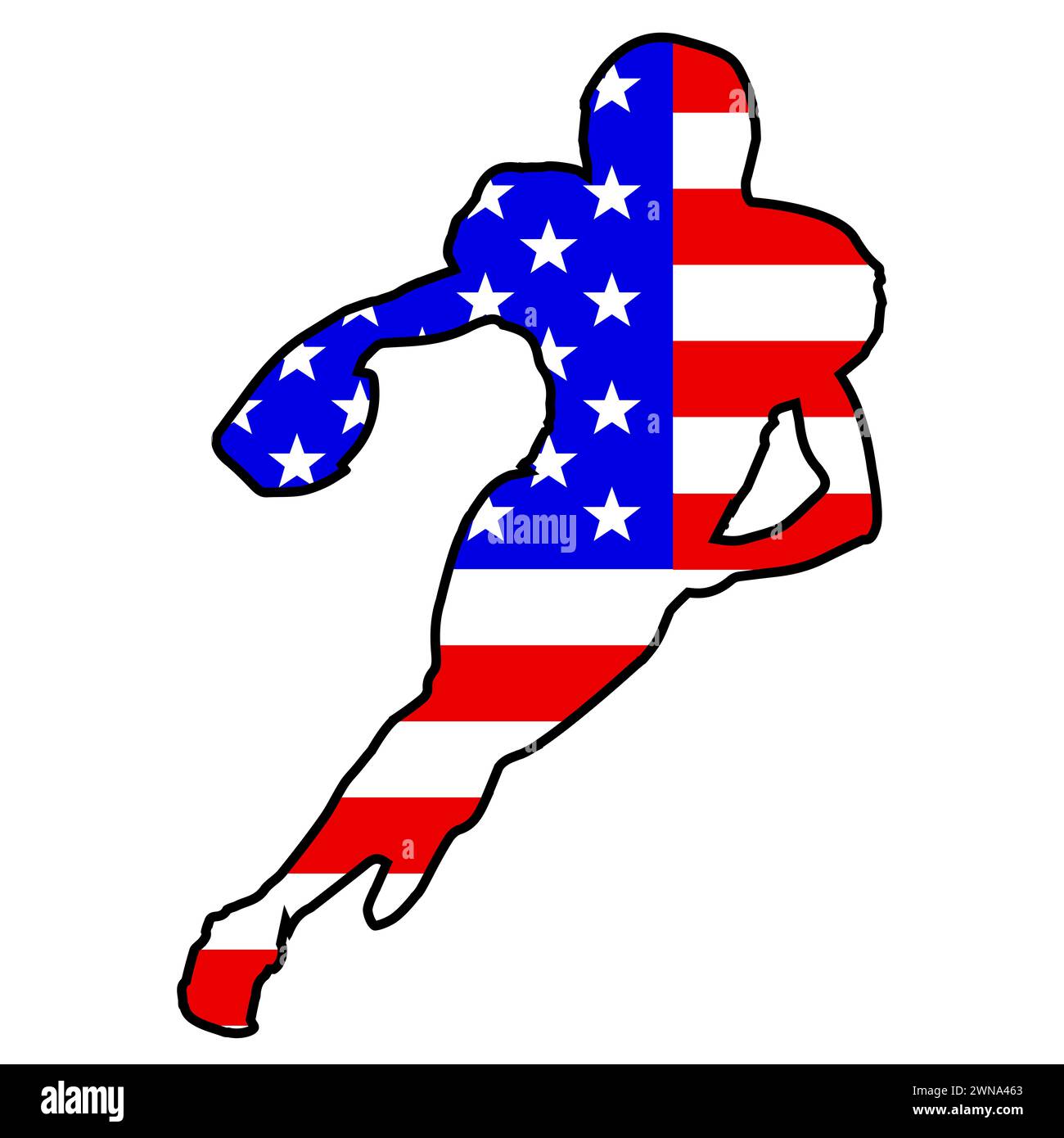 Stars and Stripes Flaggensymbole innerhalb der Umrisssilhouette eines amerikanischen Fußballers Stockfoto