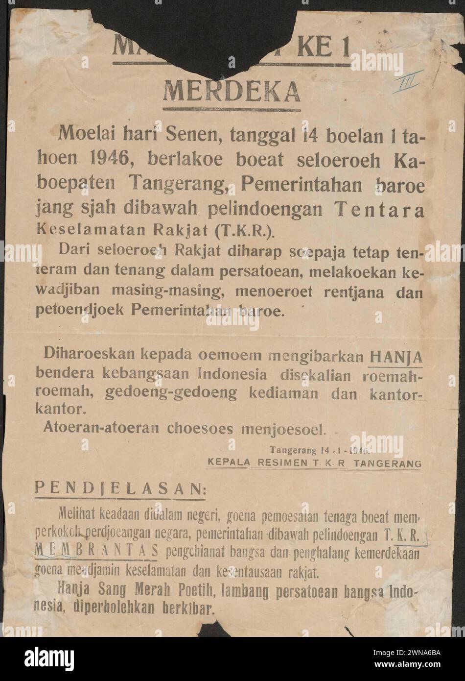 Indonesische Kriegspropaganda: Makloemat Ke-1. Merdeka! Stockfoto