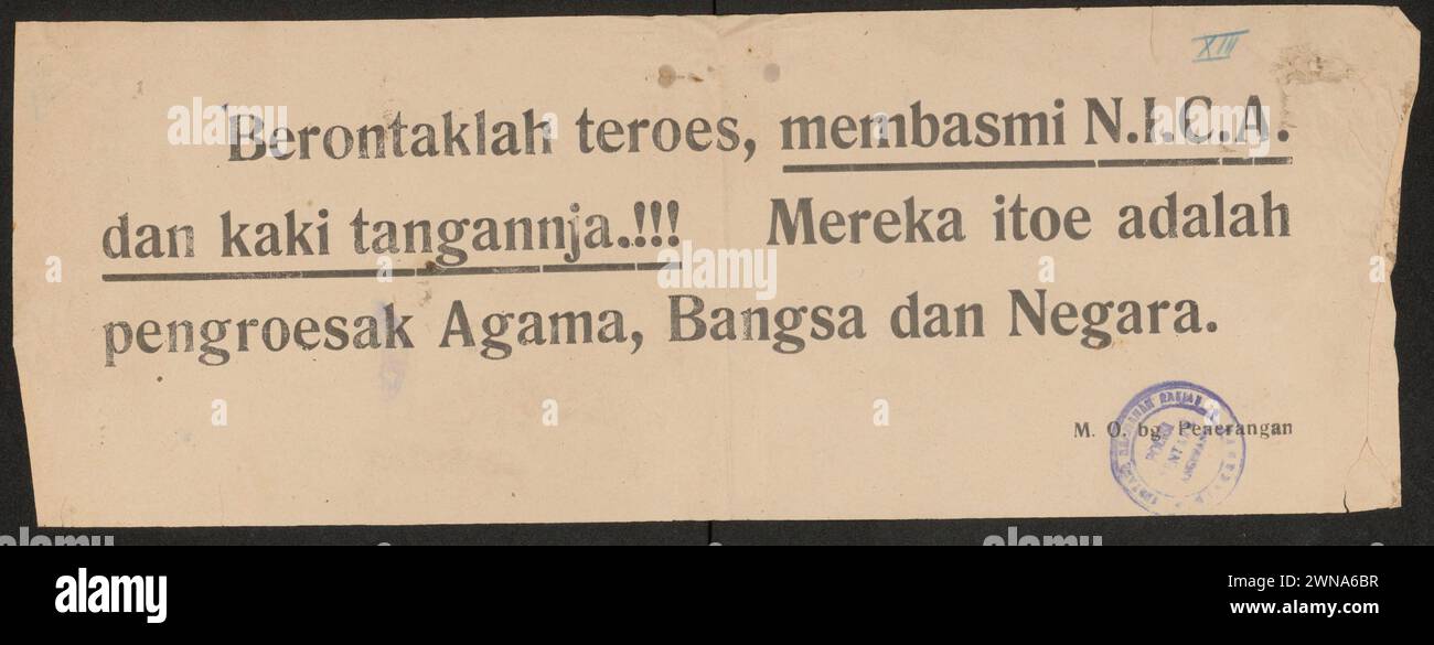 Indonesische Kriegspropaganda: Berontaklah Teroes, Membasmi N.I.C.A. Stockfoto