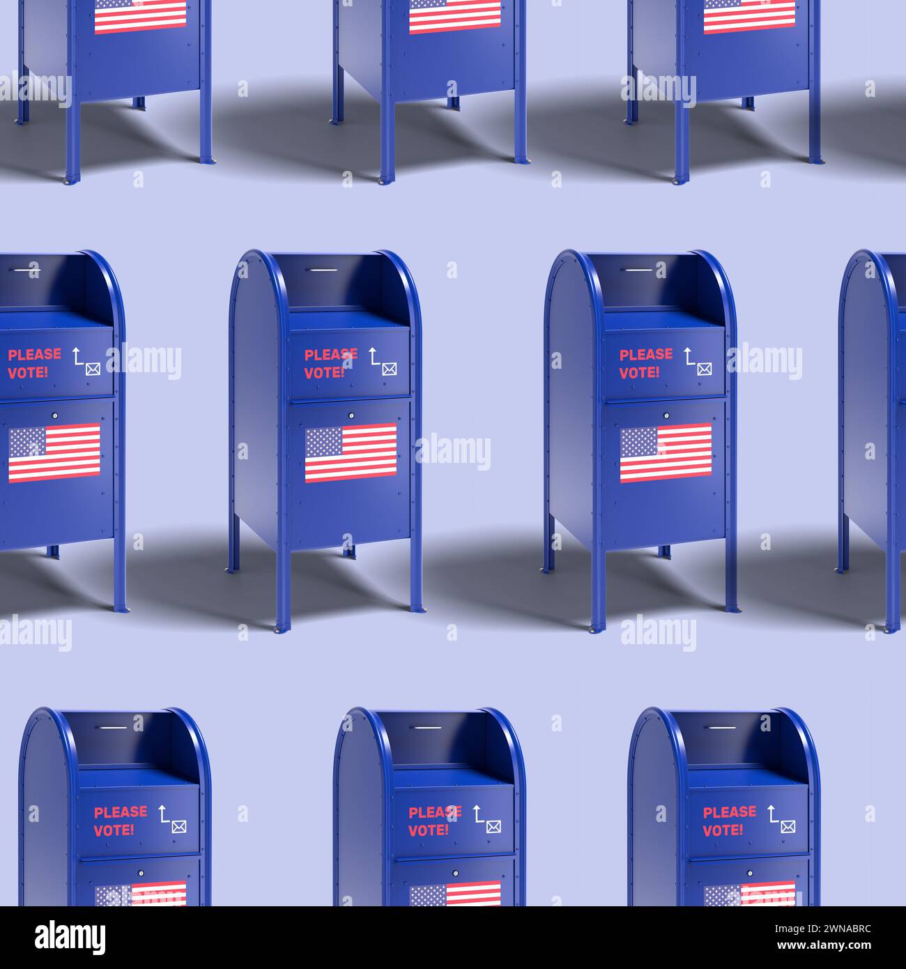 Blaue Mailbox im Stil der United States Postal Services mit einem Antrag auf Abstimmung per Post und einer US-Flagge. Mail-in- oder Abwesenheitswahl. Seaml Stockfoto