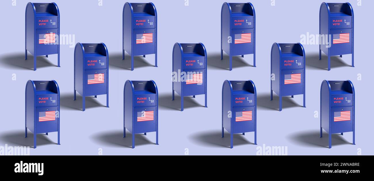 Blaue Postfächer im Stil der United States Postal Services mit einem Antrag auf Abstimmung per Post und einer US-Flagge. Mail-in- oder Abwesenheitswahl. Web Stockfoto
